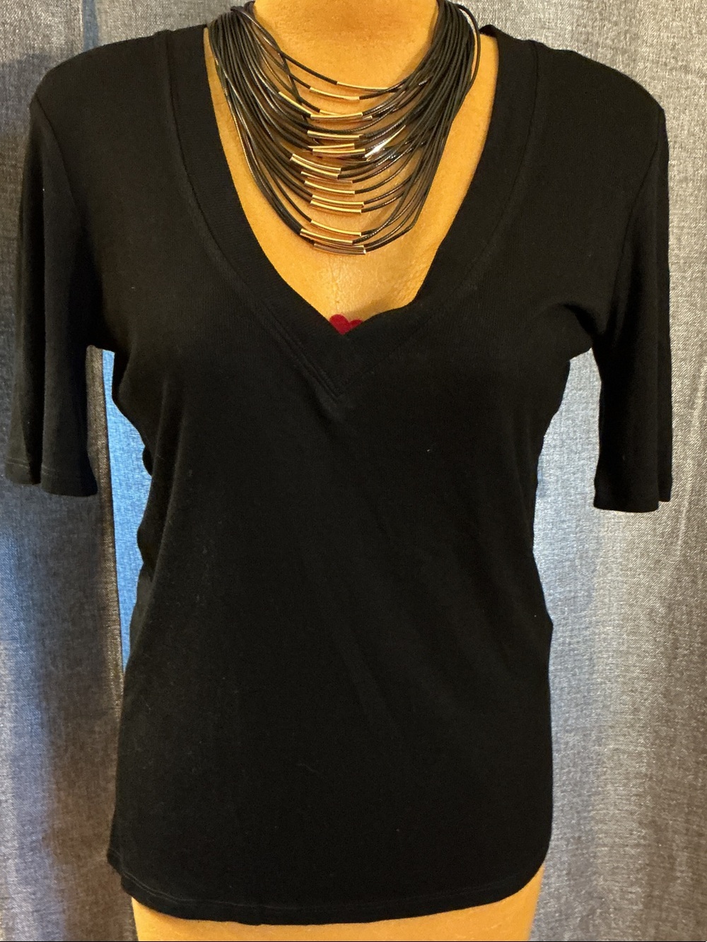 Zara Black V-Neck Short Sleeve Tee with Layered Necklace Styling